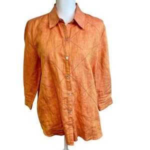 RICHARD MALCOM Orange Irish Linen Button‎ Down Shirt Sz L 3/4 Sleeve Travel Fall